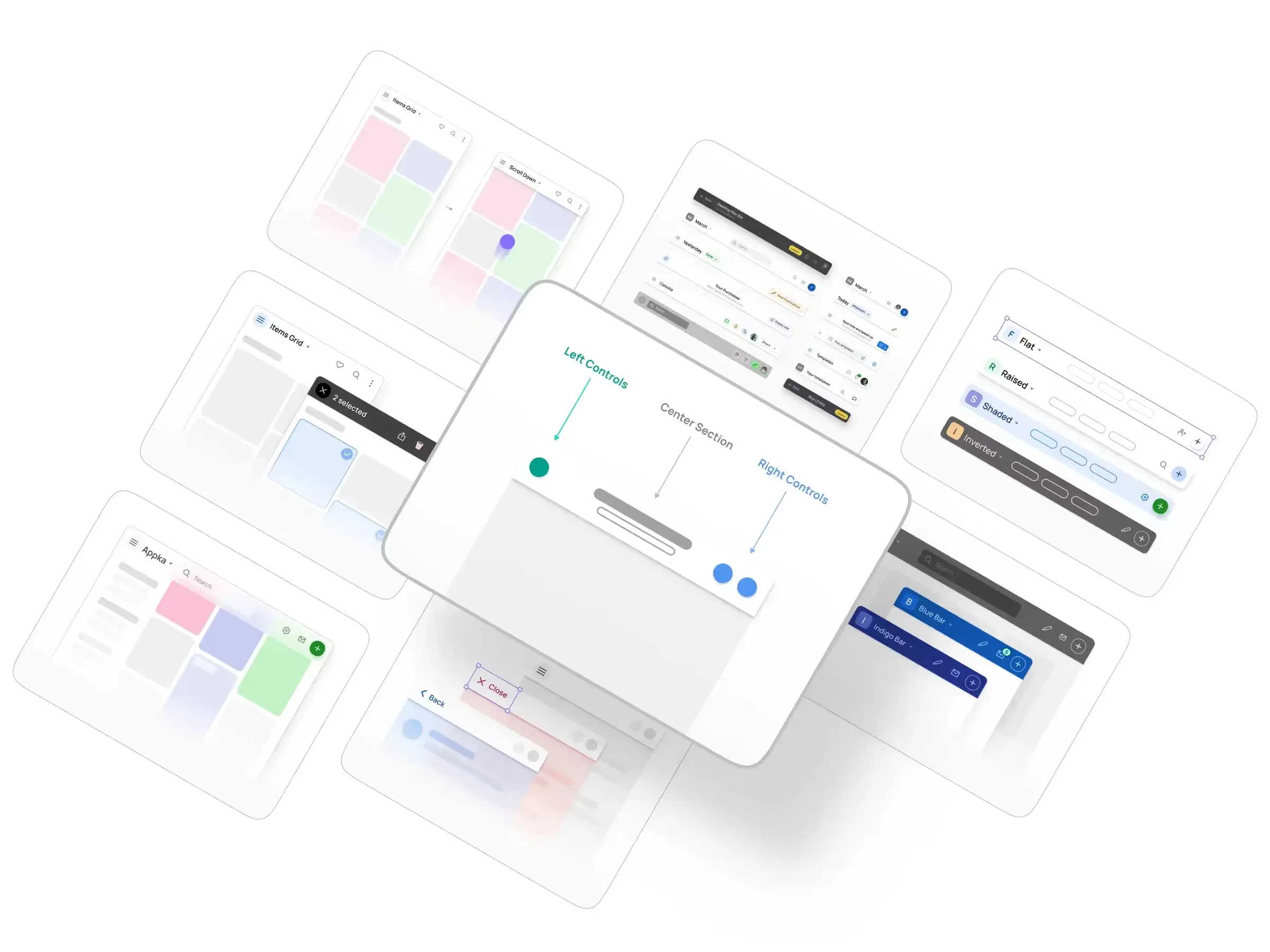 App Bar UI design exploration — Anatomy, specs, states, templates
