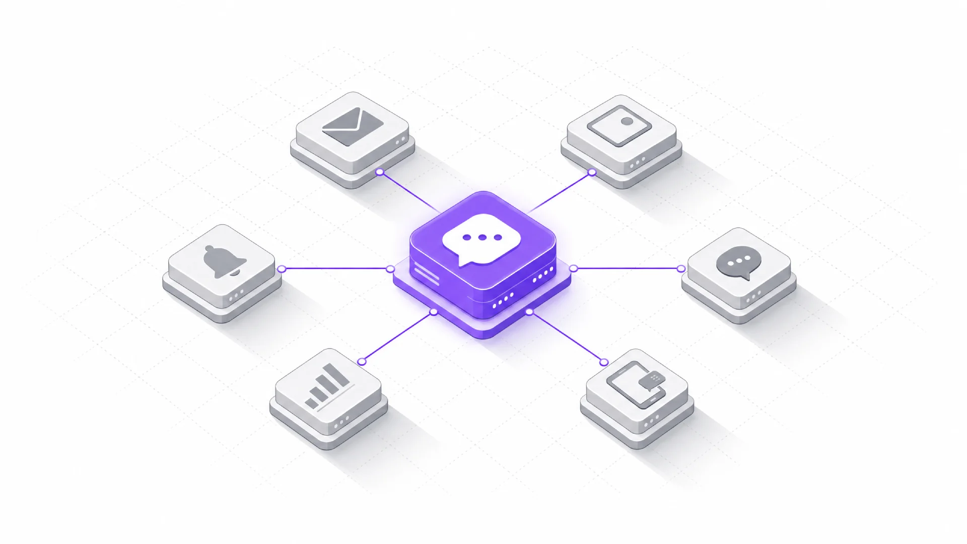 Isometric purple messaging hub connected by lines to six gray channel nodes for email, push, notifications, analytics, chat, and mobile