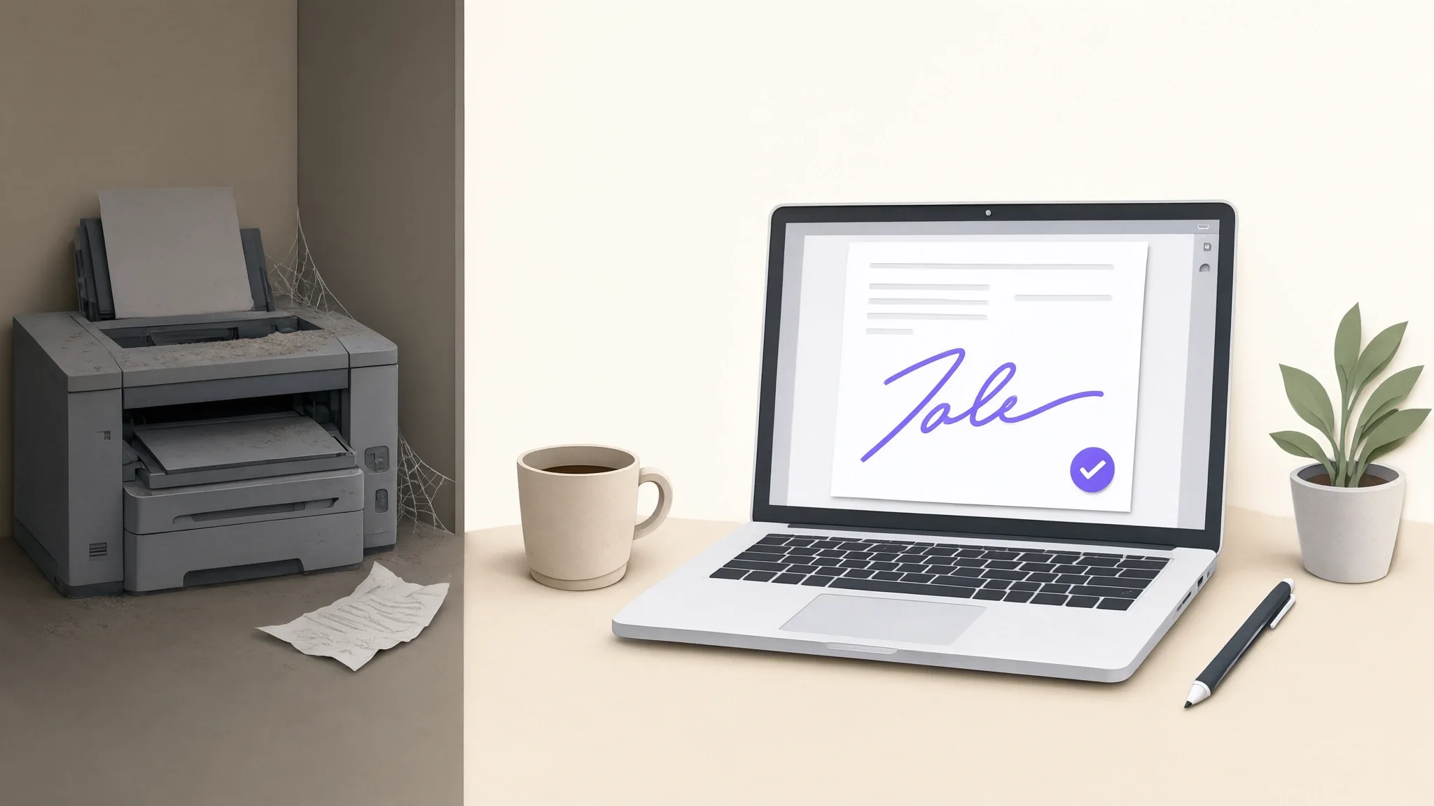 Illustration of a freelance designer's desk with a laptop showing a signed PDF contract and no printer in sight