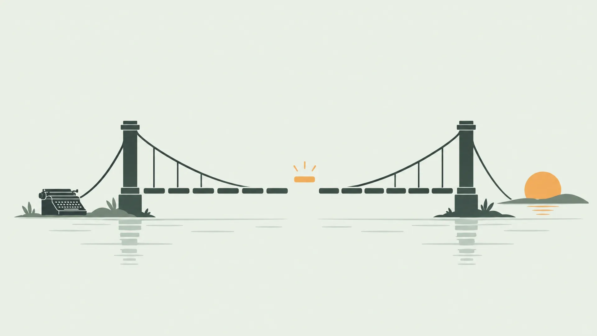 Illustration of a bridge with a gap in the middle and a typewriter at one end, the Hemingway bridge
