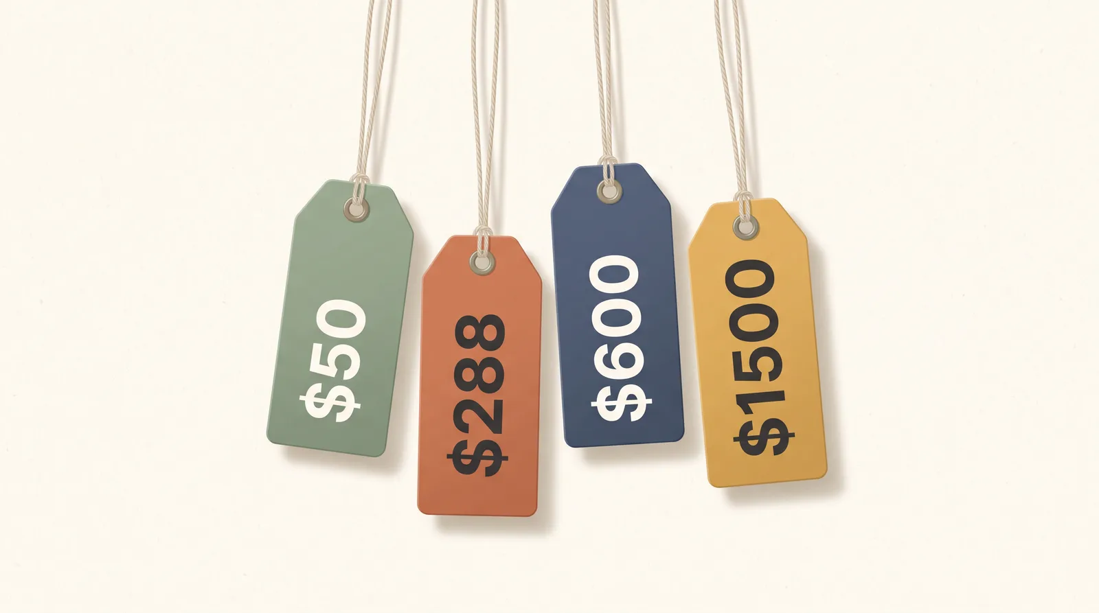 Four hanging price tags reading $50, $288, $600 and $1500 for the same guest post placement