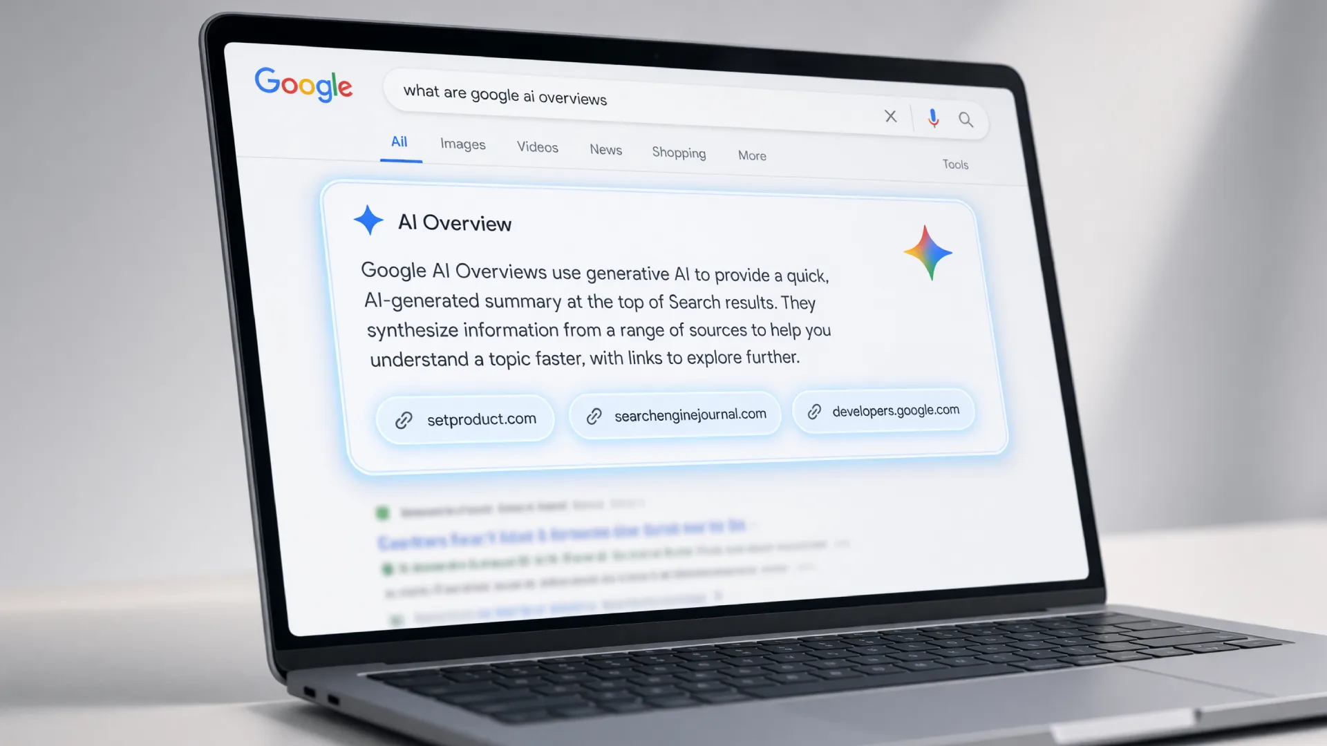Google search results page showing an AI Overview block citing a source article