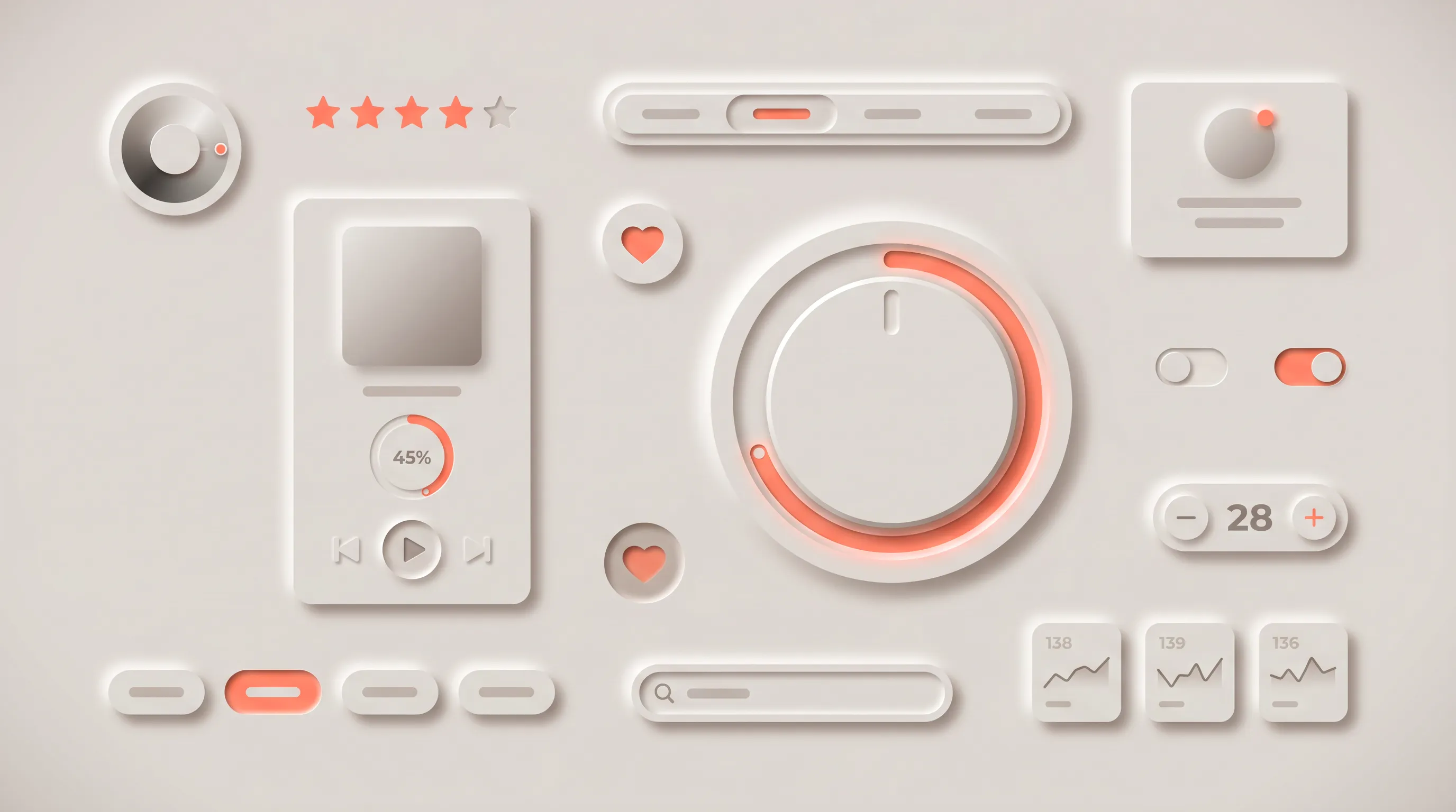 Neumorphism UI controls extruded from a soft monochrome background with dual shadows