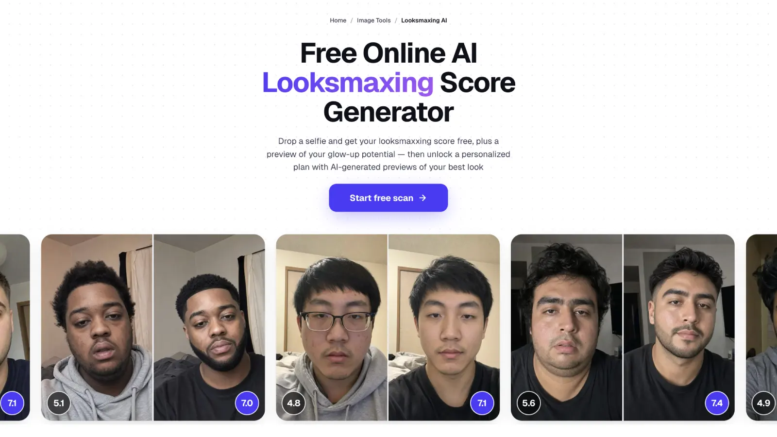 Looksmax AI app scanning a selfie and returning a face score and grooming plan