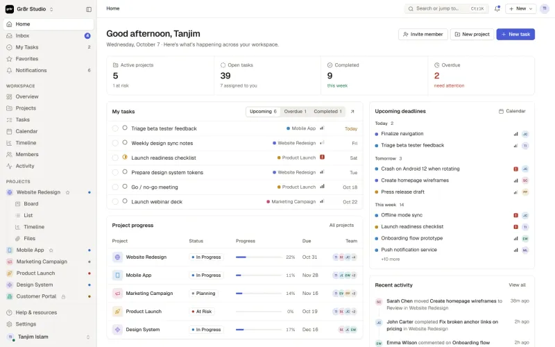 Gr8r Studio — calm project management workspace