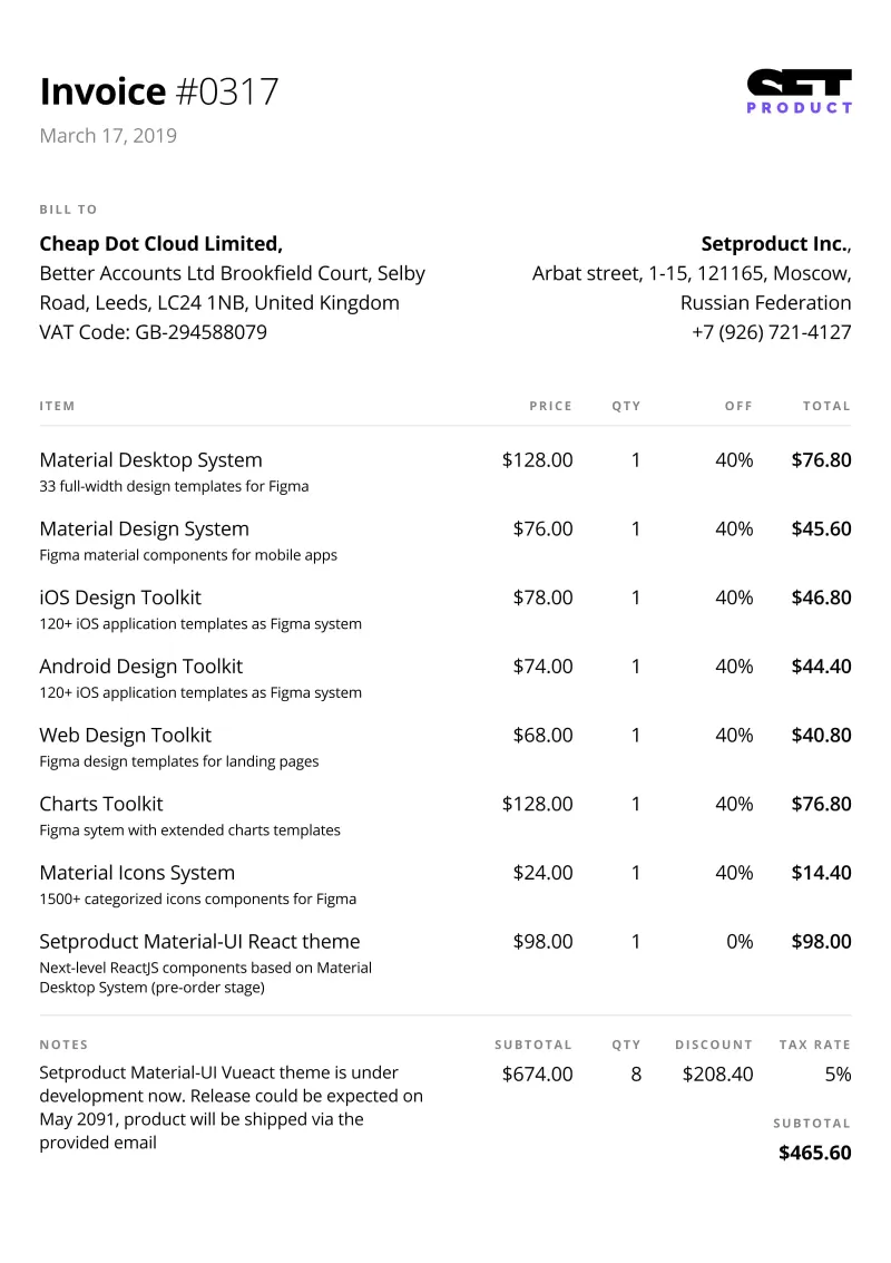Free invoice template for Figma