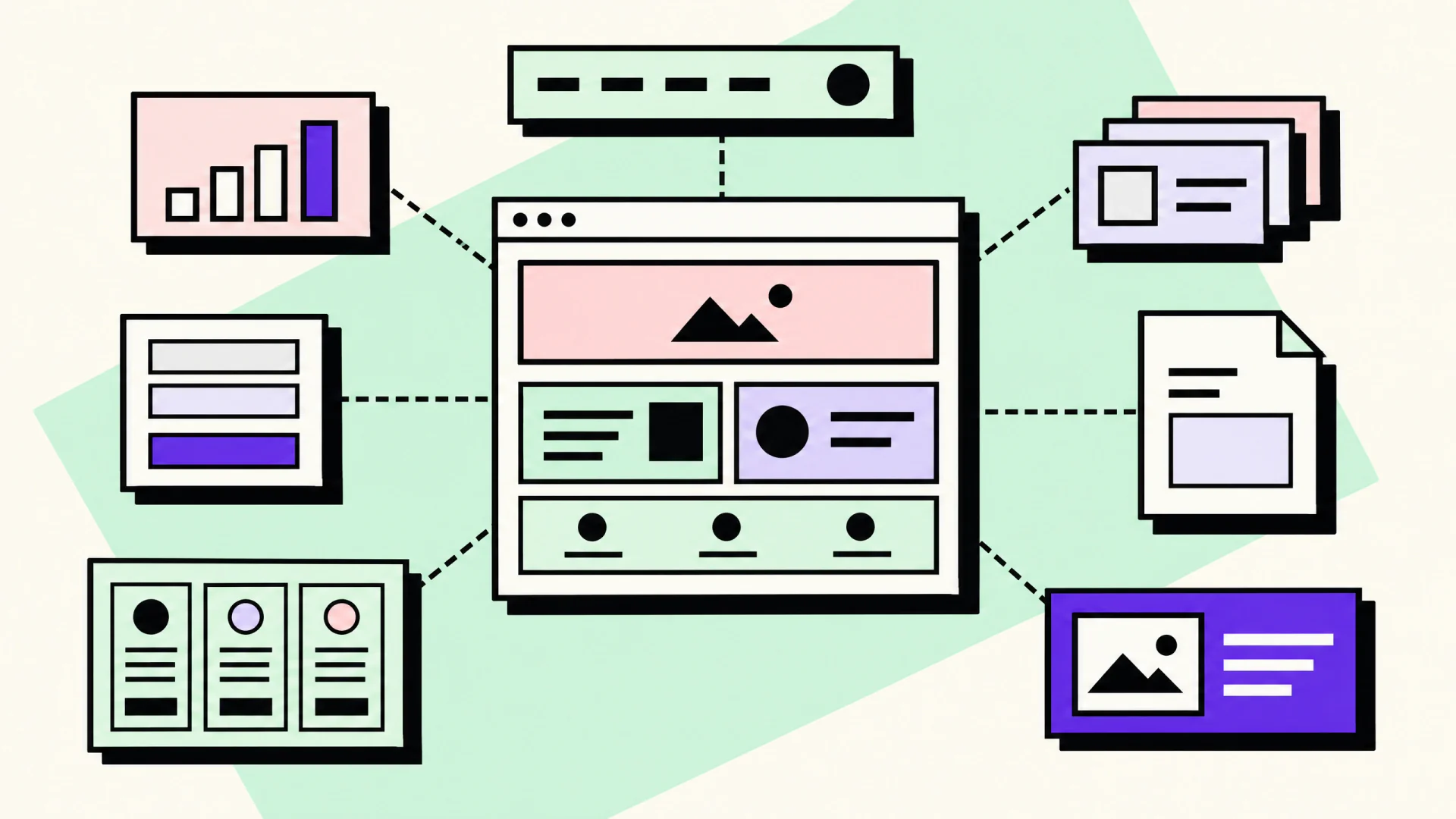 Neubrutalist flat illustration of a SaaS website frame in the center, wired by dashed lines to seven outlined interface modules, one filled in violet