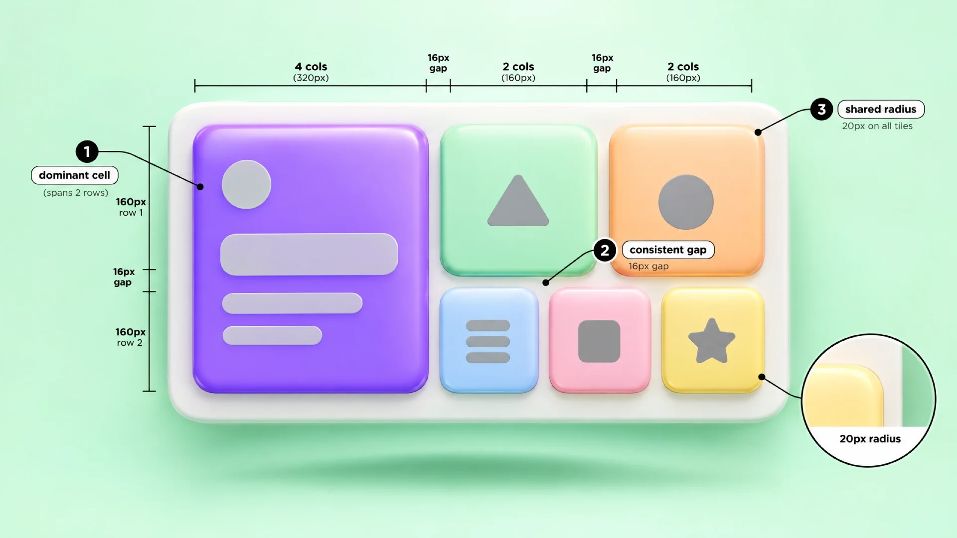 3D soft-UI bento grid on a mint background with a dominant purple cell spanning two rows, five smaller colored tiles, dimension lines marking column widths and gaps, and a magnifier inset showing the shared 20px corner radius