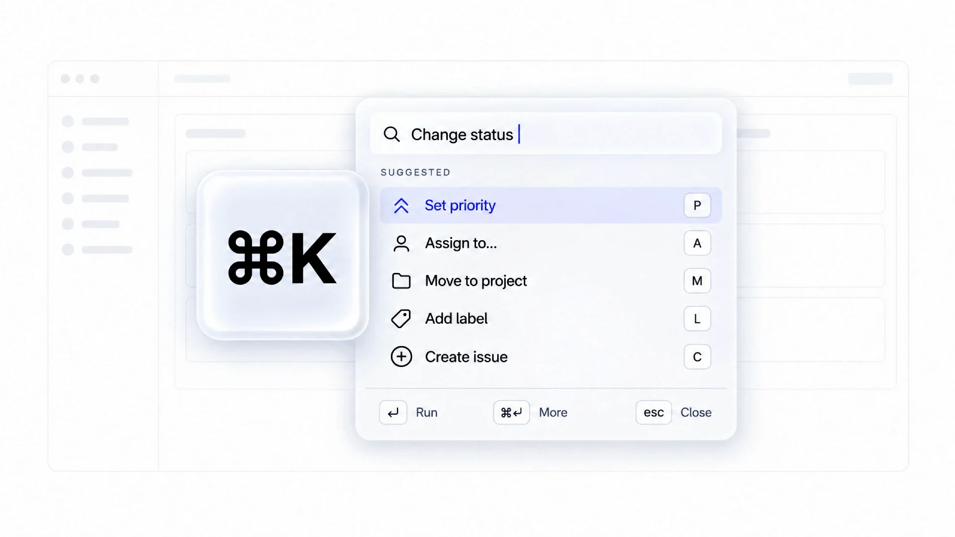 Command palette overlay open above a dimmed dashboard with a results list