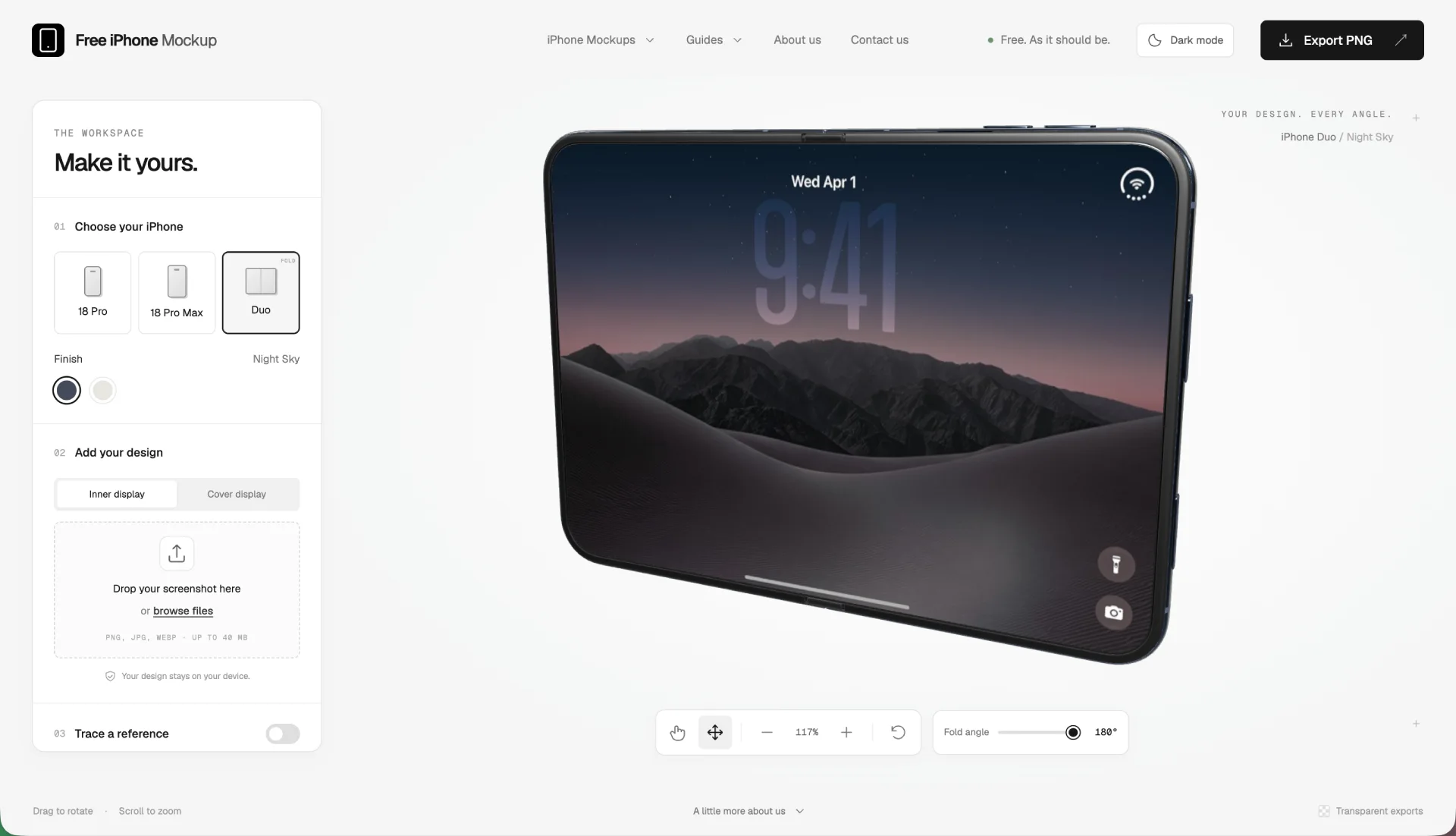 The Free iPhone Mockup editor with a foldable iPhone Duo open on the canvas