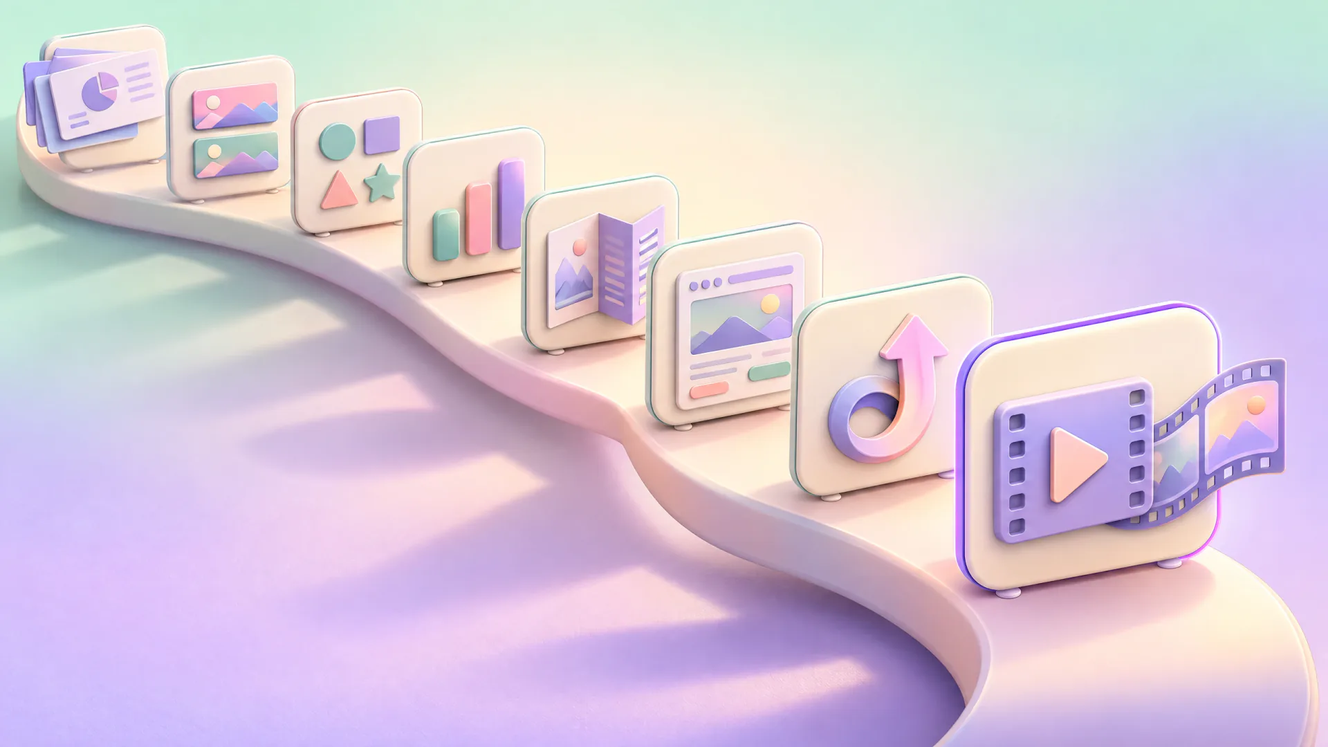 Pastel ribbon carrying eight rounded cards with pie charts, photo frames, icon sets, and video strips