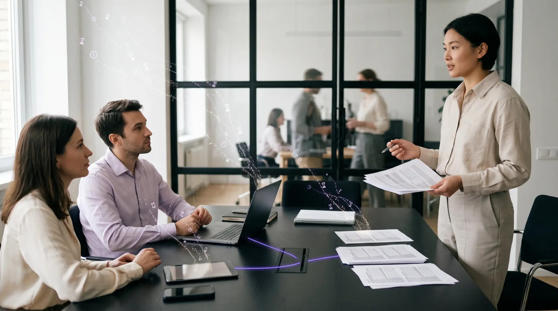 Colleagues in a meeting as tiny clock and hourglass fragments leak from their devices