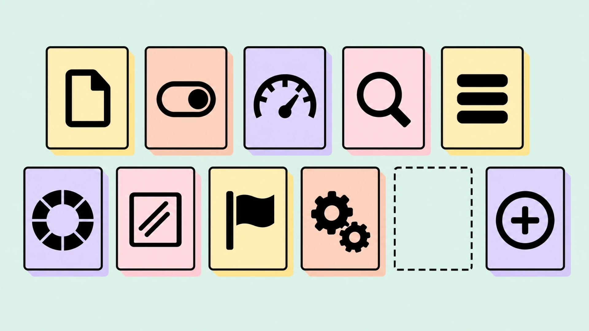 Ten pastel cards with bold black tool icons, one slot left empty and dashed