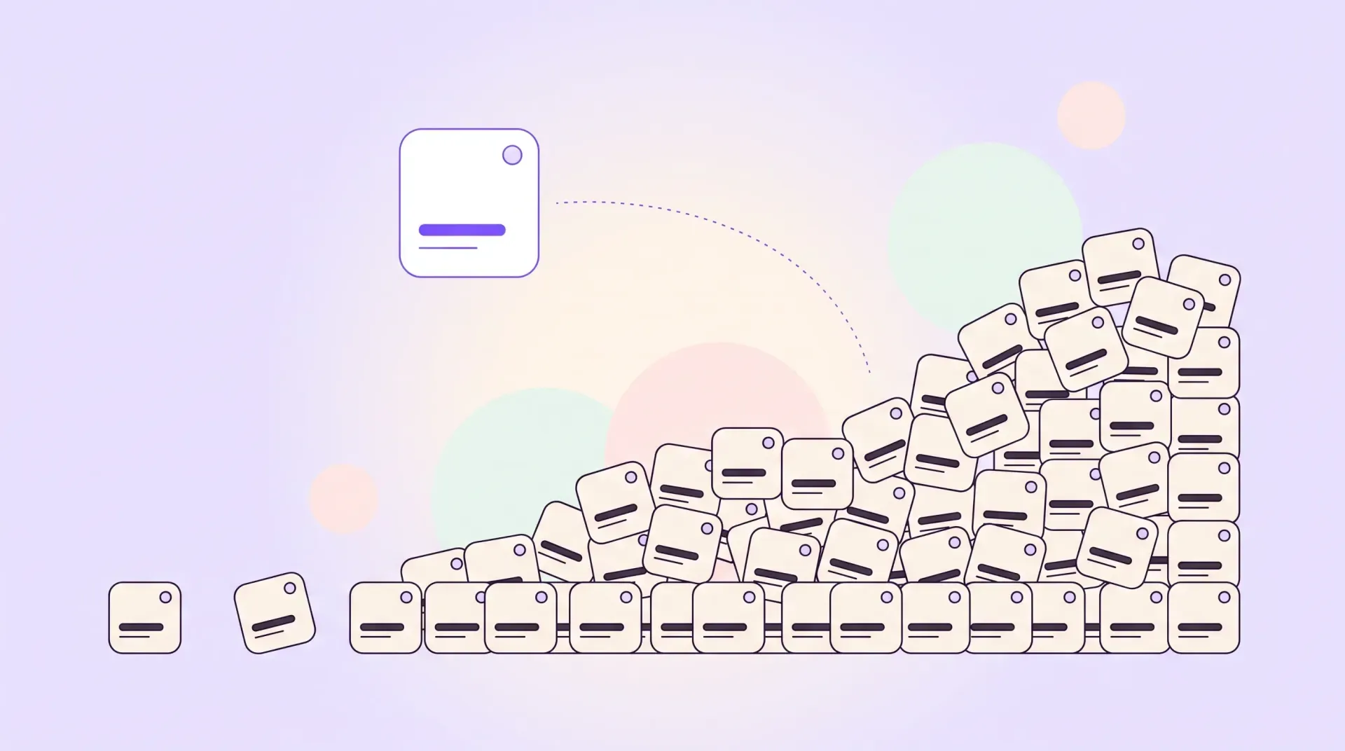 Abstract illustration of one large subscription tile beside a growing heap of many small ones