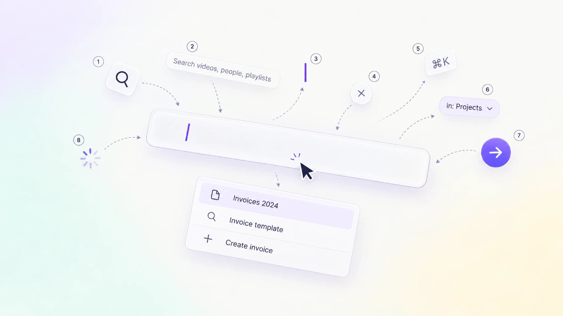 A focused search field with grouped autocomplete suggestions open above it
