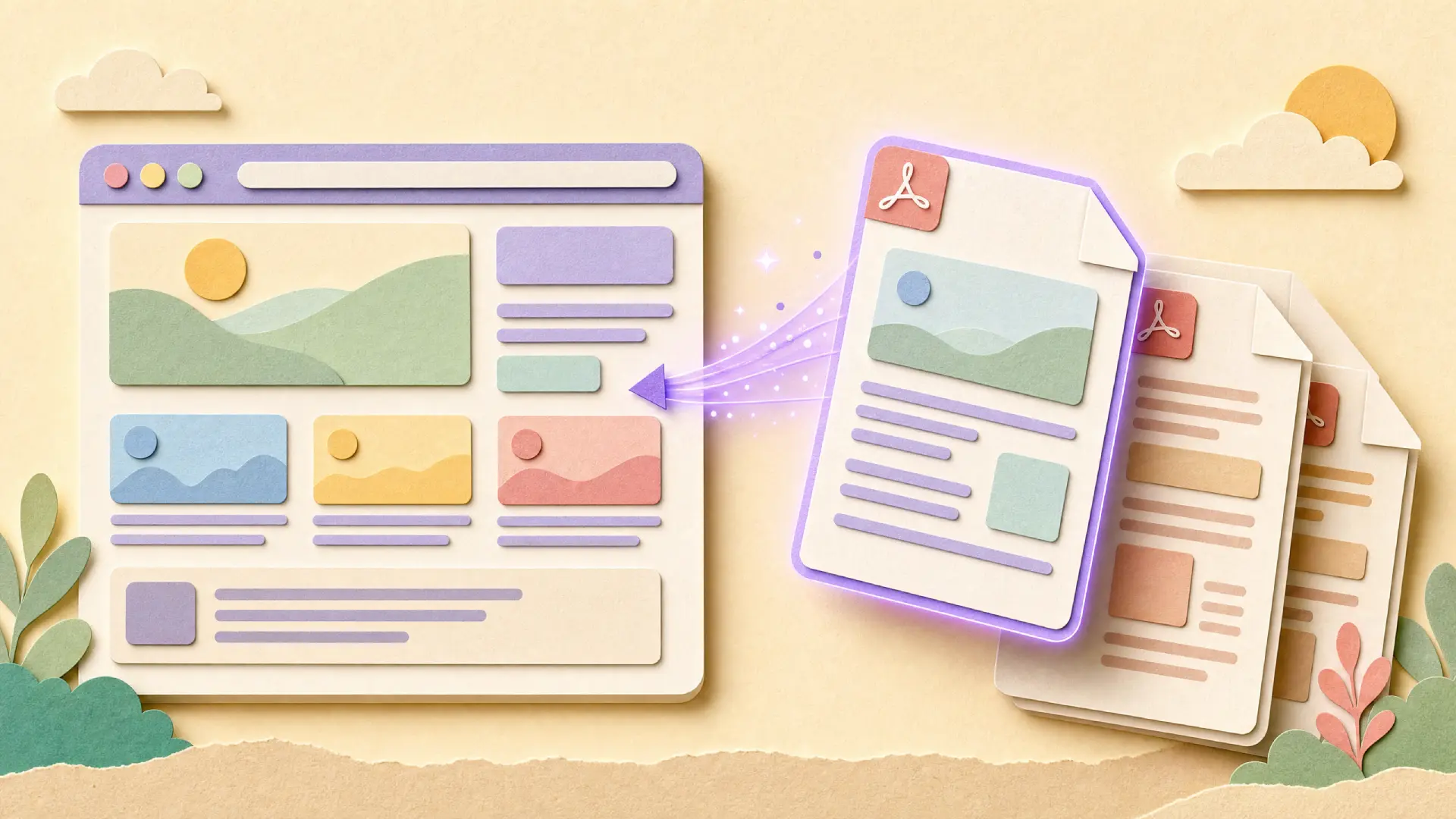 Paper-cut illustration of a browser window with translated content and a purple arrow pulling text from a stack of PDF documents into the page