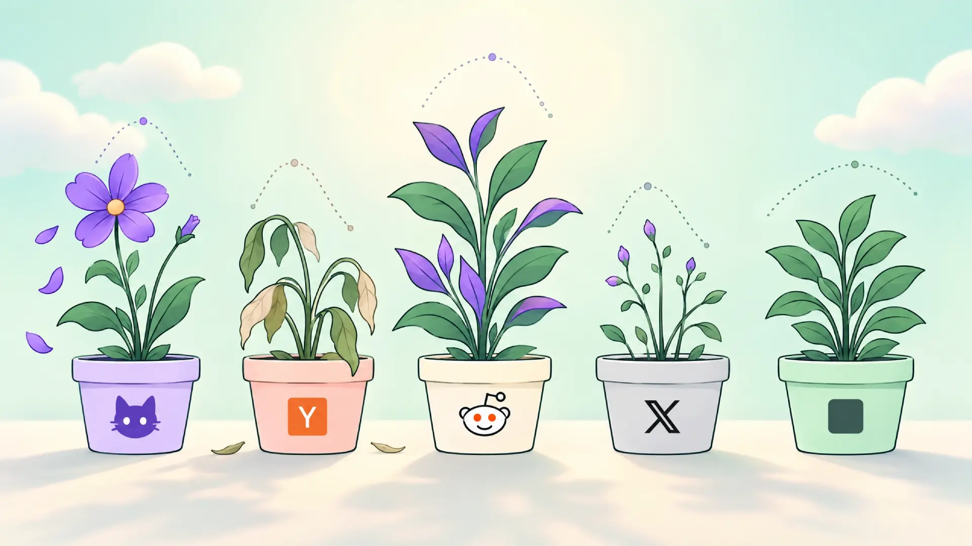 Five potted plants labeled Product Hunt, Hacker News, Reddit, X and a generic directory, each at a different stage of bloom or wilt to show how fast attention fades on each platform