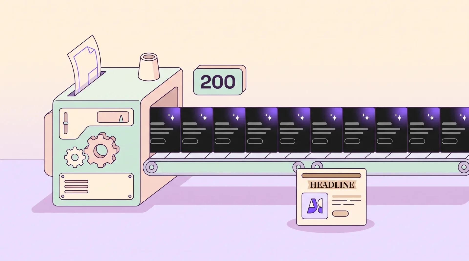 A grid of near-identical dark AI landing pages with purple glow, one tile in warm light mode breaking the pattern