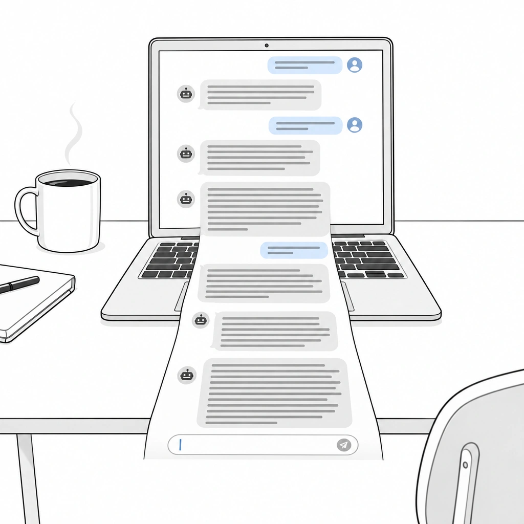A laptop on a desk showing an AI chat transcript that scrolls off the screen and spills onto printed paper across the desk, next to a coffee mug and notebook