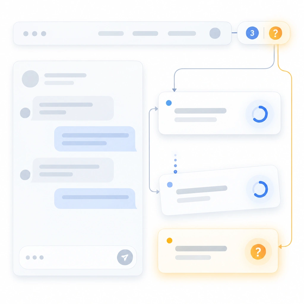 Node-and-link flow diagram for background mode, a persistent nav pill counting running tasks and turning amber when one needs input