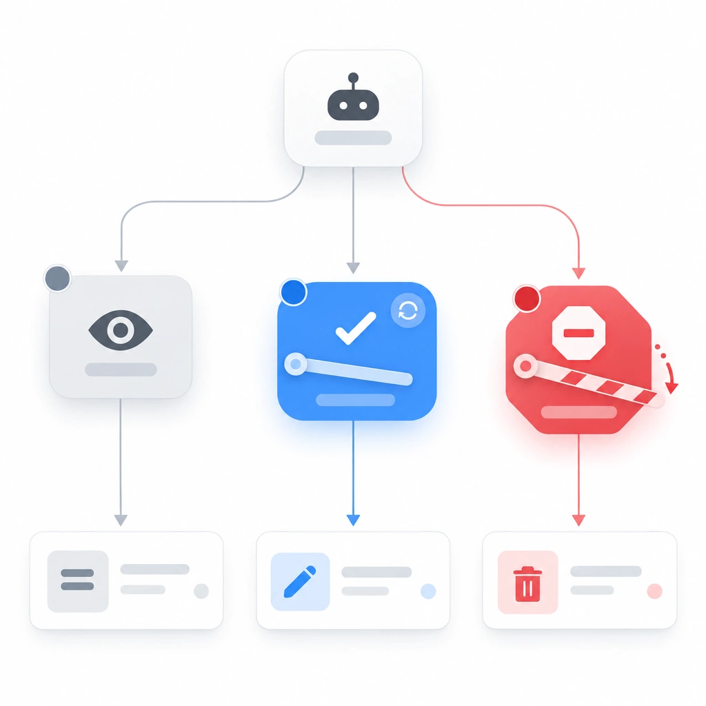 Node-and-link flow diagram for tiered permission gates, three distinct tiers for read, write and destructive actions with their own icons