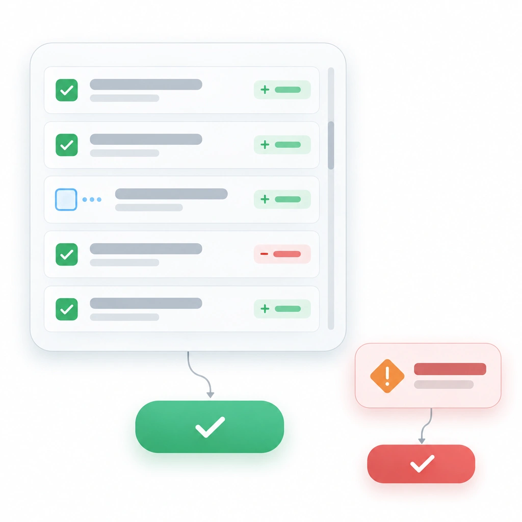 Node-and-link flow diagram for batch approval, same-tier actions grouped into one checklist with a single approve node and destructive items surfaced alone