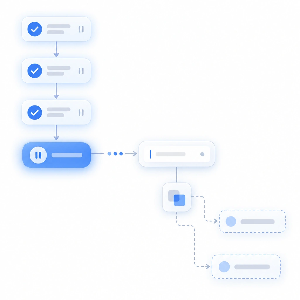 Node-and-link flow diagram for interrupt and redirect, a pause node freezing the ledger and accepting a correction before the plan resumes