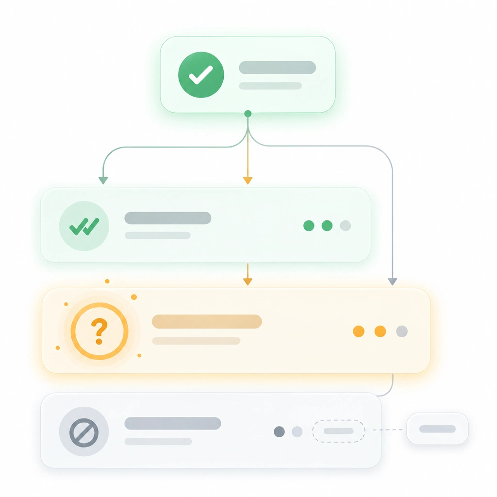 Node-and-link flow diagram for a confidence and gaps statement, a three-part footer separating verified, assumed and could-not-do sections