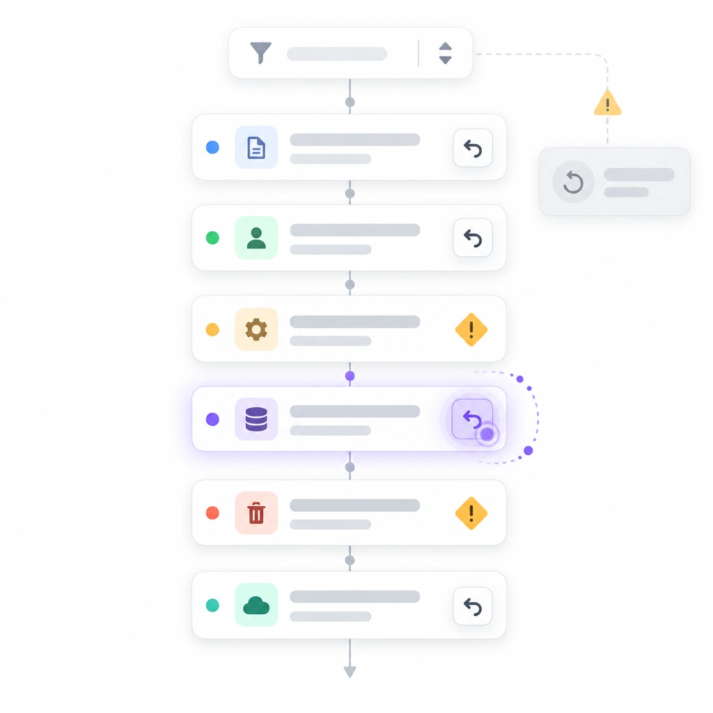 Node-and-link flow diagram for an action trail with undo, a filterable log of actions with per-action undo controls and a marker on irreversible steps