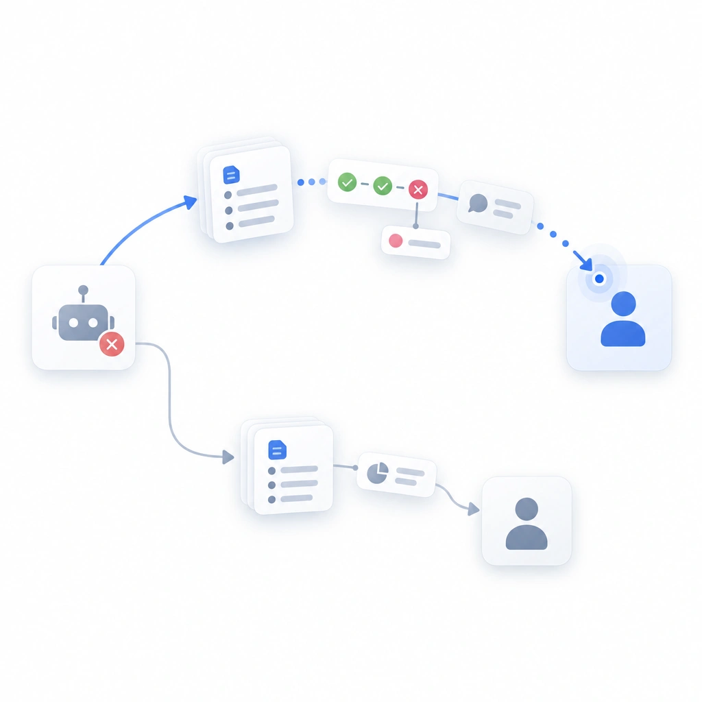Node-and-link flow diagram for handoff to human, a stuck agent routing the current plan, completed steps and failing step to a human via a take-over control