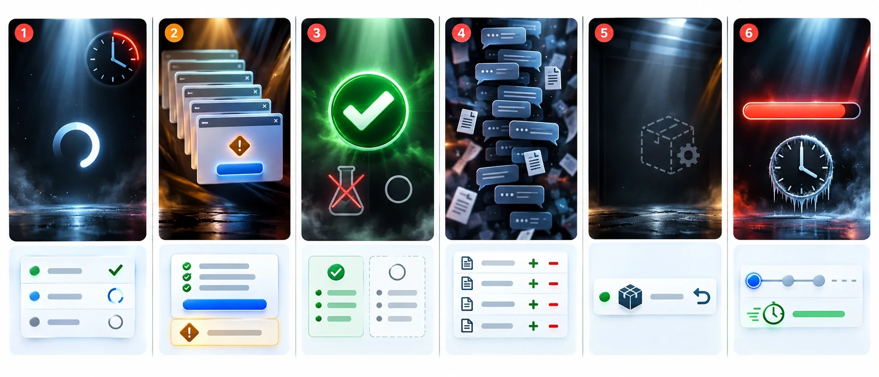 Six side-by-side cards illustrating agent UI anti-patterns, a lone spinner with a clock, a stack of approval modals, a green checkmark beside a crossed-out test flask, chat bubbles buried under document scraps, a hidden package icon, and a red progress bar next to a frozen clock