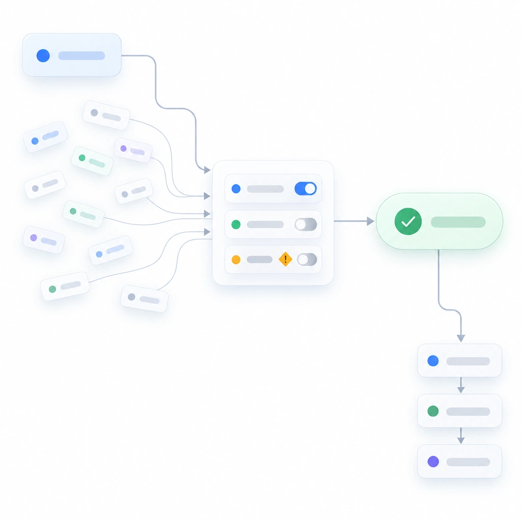 Node-and-link flow diagram for goal clarification, many input chips converging into a compact form of scoping questions with prefilled defaults