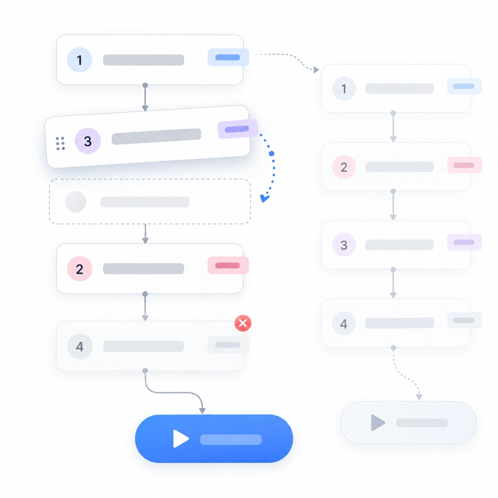 Node-and-link flow diagram for an editable plan, a numbered step list with reorder and delete handles feeding a single run node