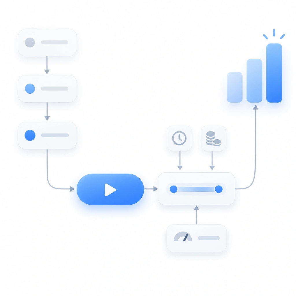 Node-and-link flow diagram for effort and cost preview, a run node paired with an estimate range in minutes and credits and a user-set cap