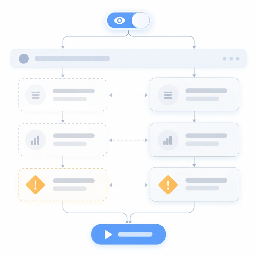 Node-and-link flow diagram for dry-run mode, a preview toggle routing writes into described would-do actions instead of real changes