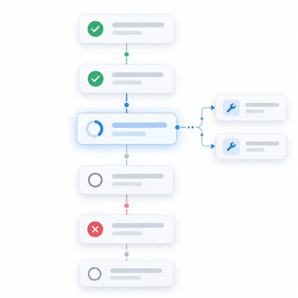 Node-and-link flow diagram for a live step ledger, a vertical list of steps with pending, running, done and failed status glyphs