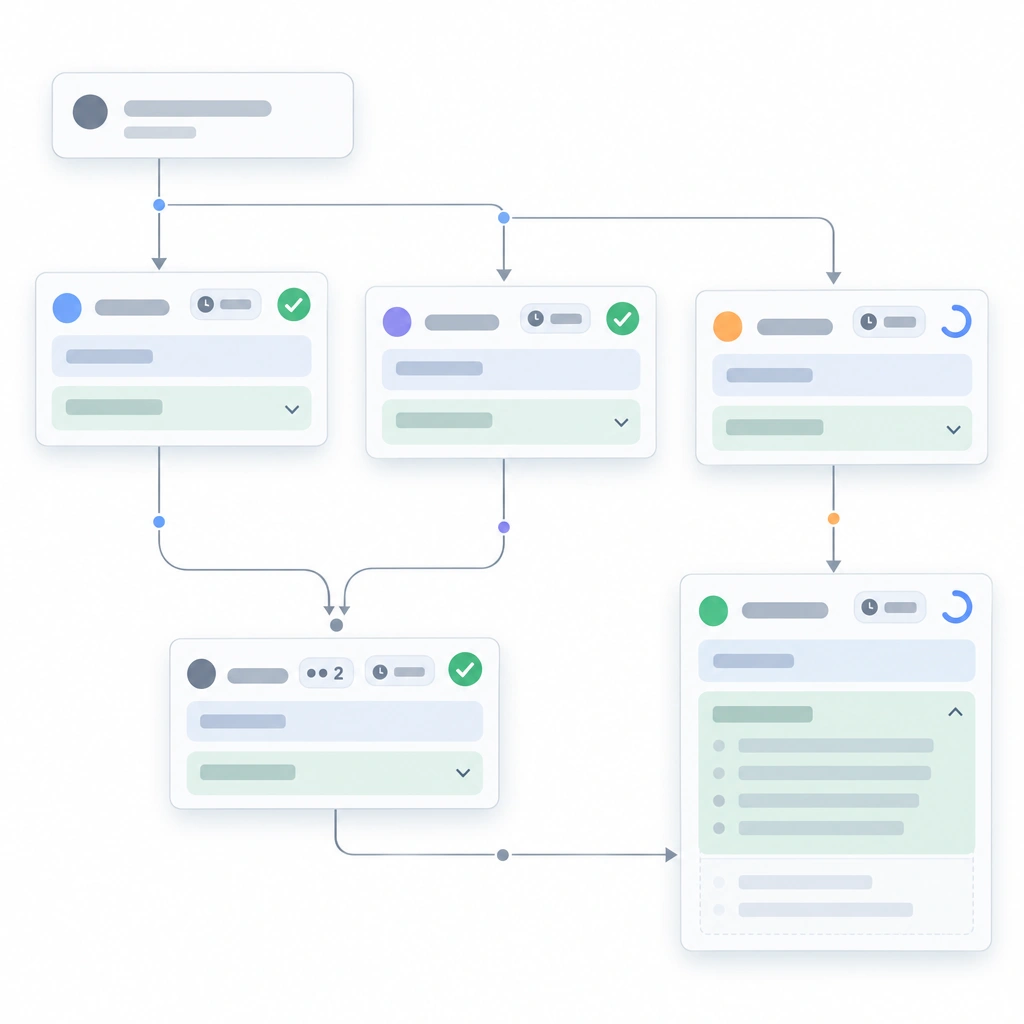 Node-and-link flow diagram for tool call cards, each external action shown as a card with tool name, input, output, duration and status