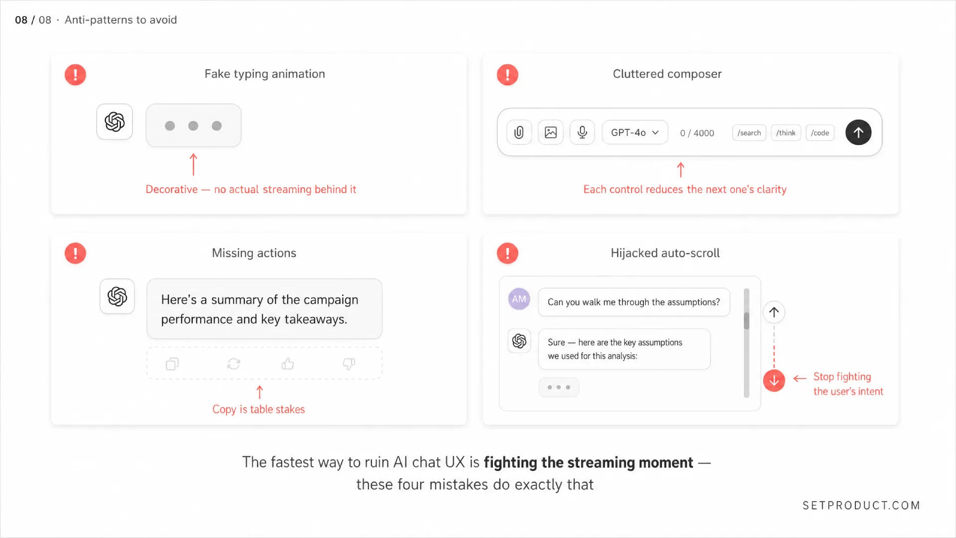 Common anti-patterns illustrated: fake typing, missing stop button, hidden errors, and intrusive disclaimers