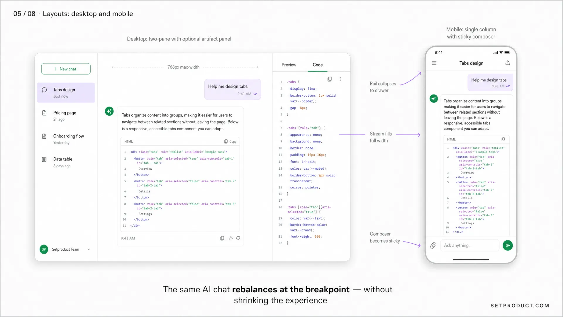 Side-by-side comparison of desktop two-pane and mobile single-column AI chat layouts