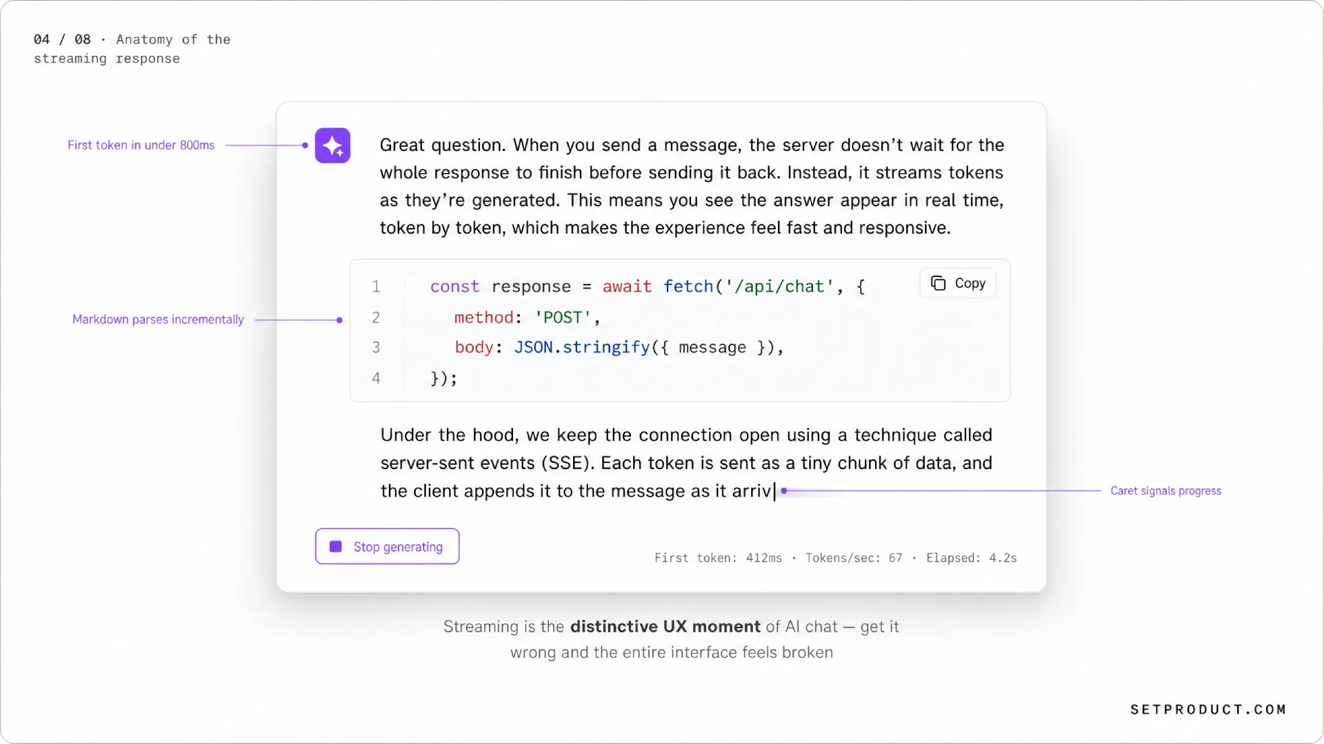 Close-up of a streaming response with caret, partial Markdown, and stop control highlighted