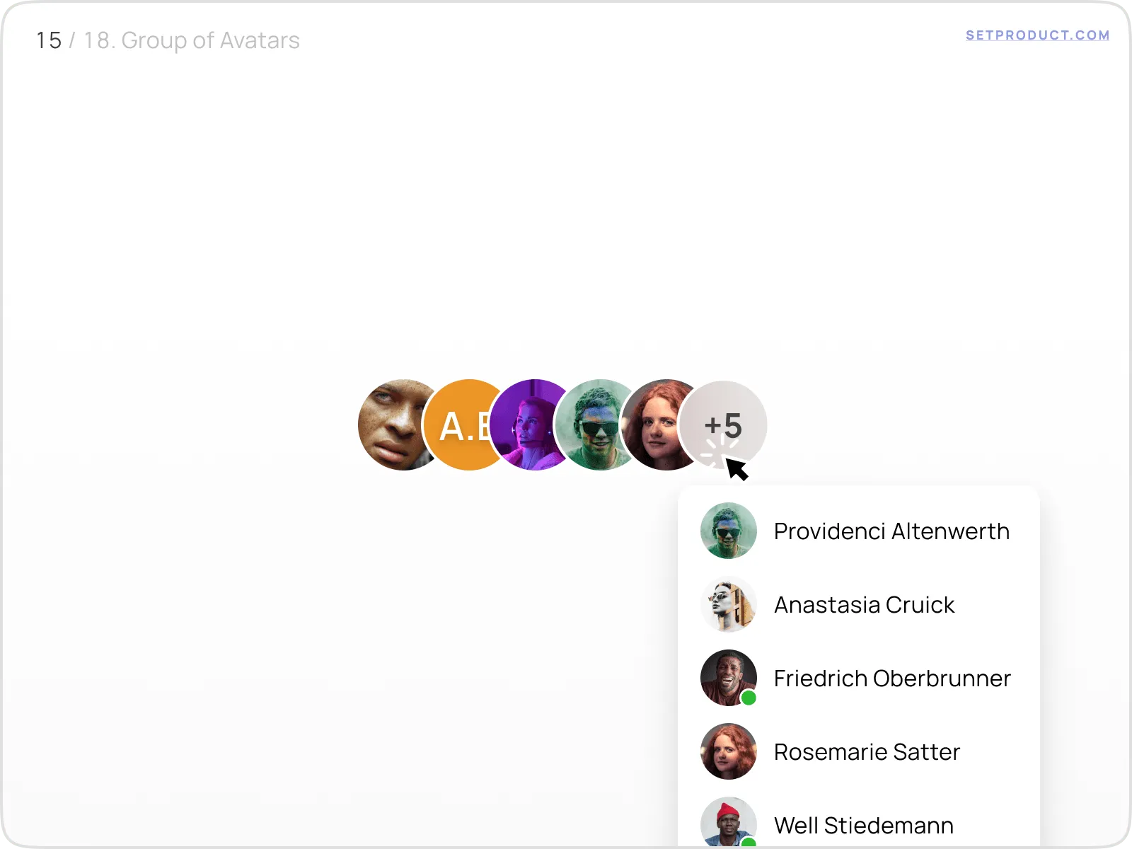 Grouped avatar stack expanded with additional participant list