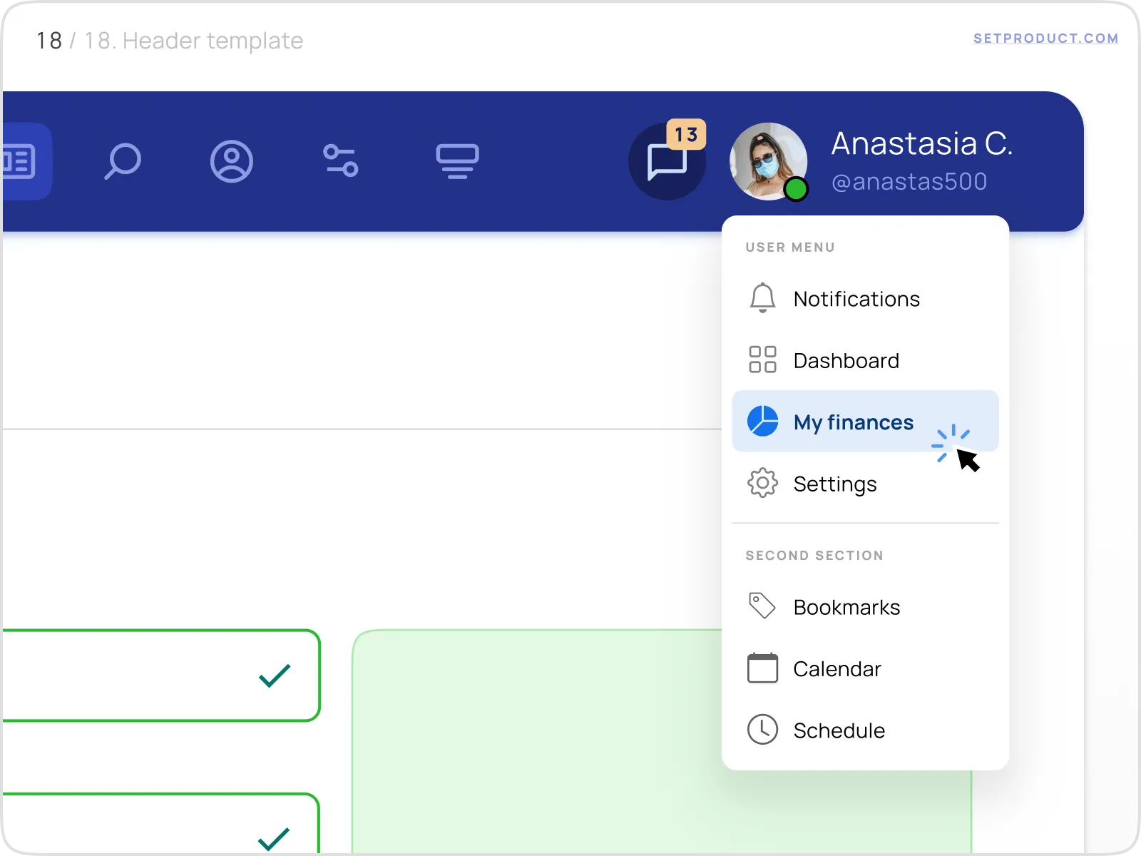 Application header template with avatar userpic as navigation trigger