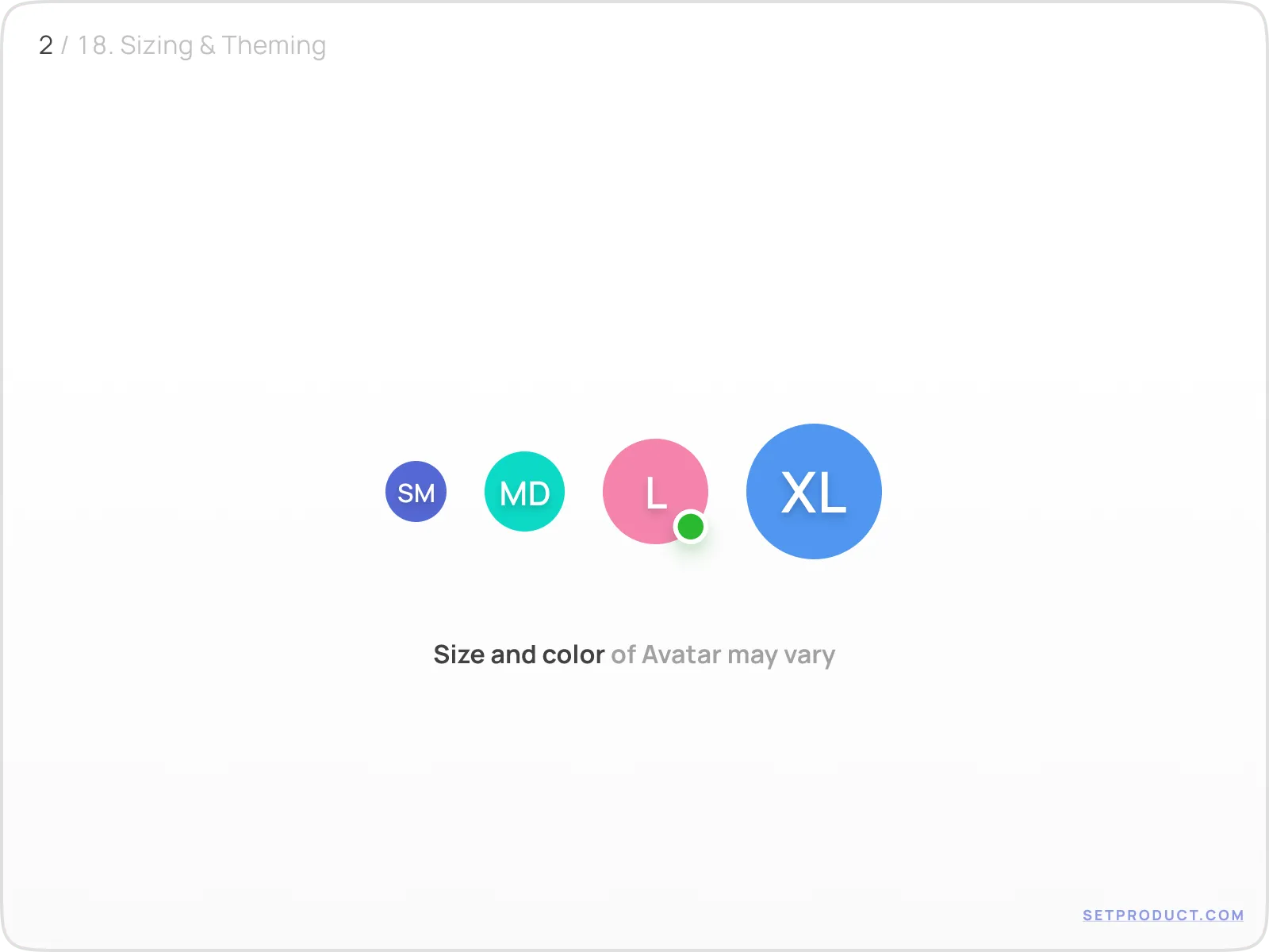 Avatar sizing and theming variations in user interface design.
