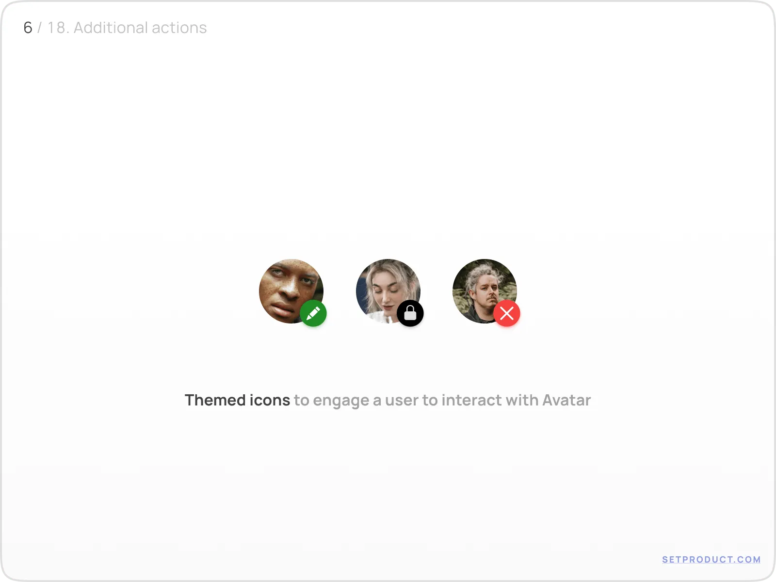 Avatar UI design with additional overlay actions (edit, block, remove)