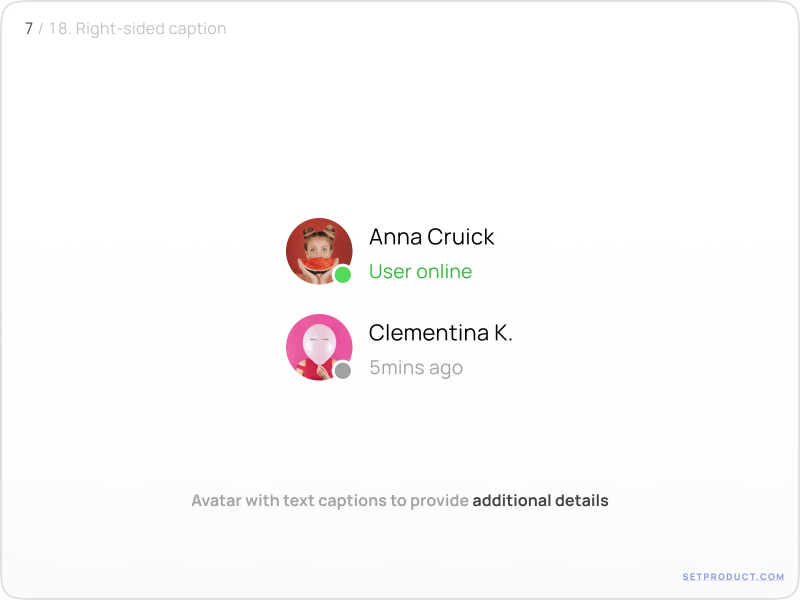 Avatar with right-aligned caption displaying username and details