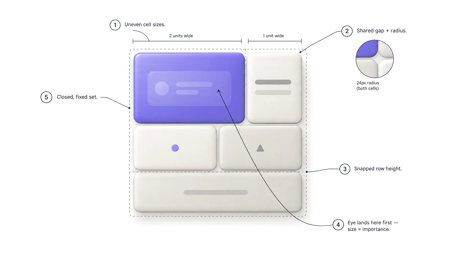 Contrast diagram comparing a bento grid, a uniform card grid, a masonry grid, and a dashboard grid, showing cell size and alignment differences