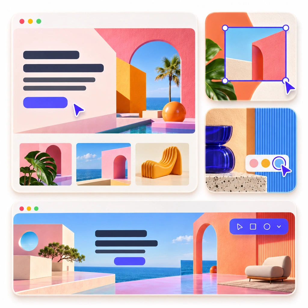 Abstract bento grid inspired by Framer's marketing page, tiles filled with realistic website screenshot mockups instead of generic icons