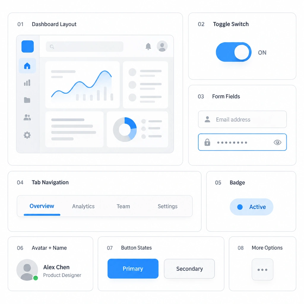 Abstract bento grid inspired by Tailwind UI's marketing page, a catalog-style grid where tile size tracks component complexity rather than importance