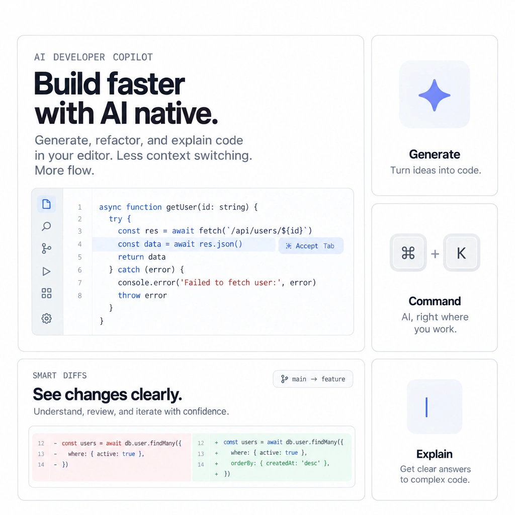 Abstract bento grid inspired by Cursor's marketing page, a wide code-editor screenshot tile sized for legibility next to smaller supporting tiles