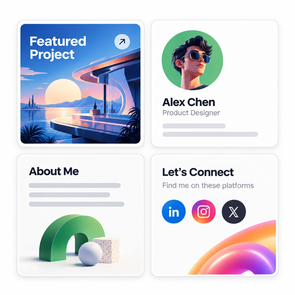 Abstract bento grid resembling a generic personal portfolio template, tiles of near-identical visual weight with no clear size hierarchy